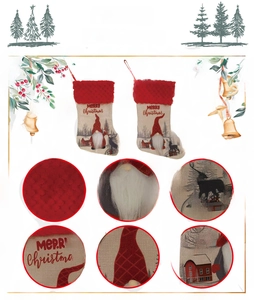 Detailed close-up showing Merry Christmas prints and plush texture on linen stockings