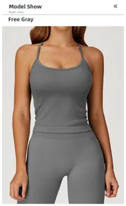 Detail of grey ribbed yoga set fabric showing seamless texture and strappy back design