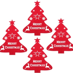 Set of 4 red felt Christmas tree cutlery holders with snowflake and reindeer patterns