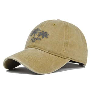 Vintage khaki washed cotton baseball cap with palm tree and SUMMER embroidery detail