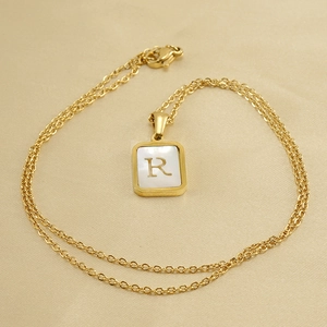 18K gold plated stainless steel necklace with shell inlay square letter R pendant