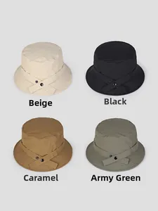 Detail display of waterproof nylon bucket hats in beige, black, caramel, and army green