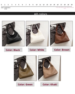Close-up of woven hobo tote bags in five colors: black, white, brown, green, and khaki