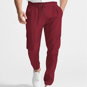 Pantalon cargo bordeaux pour hommes en tissu gaufré avec taille à cordon serrage