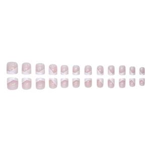 Faux ongles courts style français avec 24 pièces au design géométrique rose et blanc