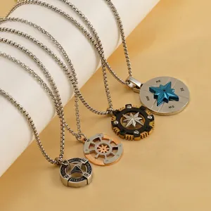 Compass Pendant Necklace Titanium Stainless Steel Eight Pointed Star Nautical Jewelry For Men Unisex Vintage Punk Style