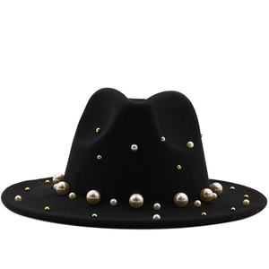 Fashionable black wool wide brim fedora hat with pearls and metal stud embellishments