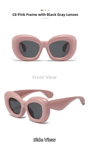 Detail view of bold pink bubble frame sunglasses with black-grey lenses in front and side view