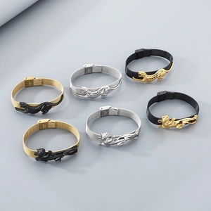Men Stainless Steel Mesh Band Bracelet Leopard Panther Animal Motif Adjustable Hip Hop Fashion Jewelry
