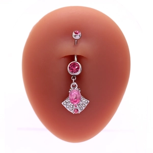 Silver belly ring with pink fan-shaped crystals on silicone model, minimalist style