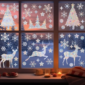 Holographic Christmas window stickers showing reindeer and snowflakes with rainbow light effects