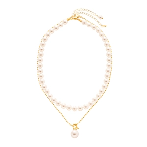 Elegant double-layered faux pearl choker with gold plated chain and pendant for women