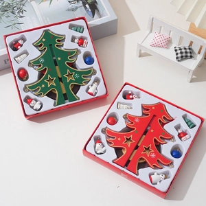 Miniature DIY wooden Christmas tree set with colorful hand-painted festive ornaments