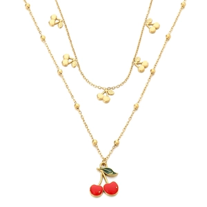 Collier double rang en acier inoxydable plaqué or 18K avec pendentifs cerises rouges