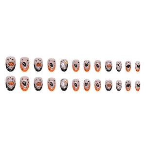 Halloween oval press-on nails featuring pumpkin, ghost, and bat patterns in 24-piece set