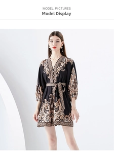Detail of V-neckline and paisley print on a bohemian lantern sleeve mini dress