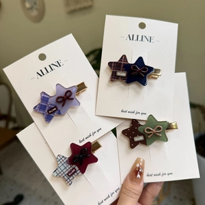 Star Shaped Bow Hair Clips Acrylic Resin Plaid Polka Dot Duckbill Side Clips Sweet Cute Hairpin Women Girls