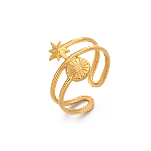 Minimalist gold stainless steel layered open ring with star and sunburst disc charms