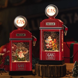 Retro Christmas gas station snow globe lamp with Santa and Snowman holiday decor