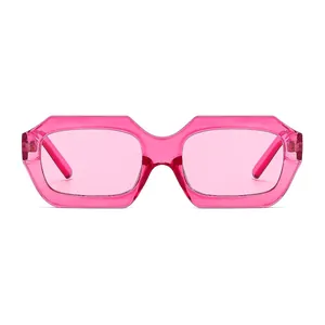 Modern rectangular translucent pink sunglasses with stylish geometric thick frames