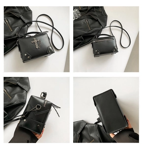 Detailed four-way view of gothic crossbody bag with cross charm and metal rivets