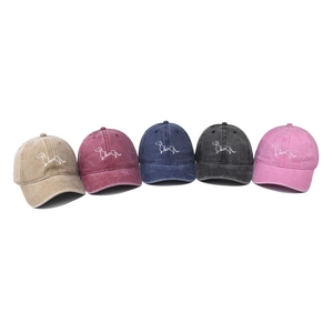 Washed cotton baseball caps with cartoon dachshund embroidery in five assorted colors