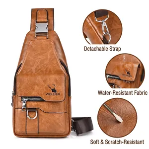Waterproof vintage brown chest bag for men with adjustable strap and durable PU leather finish