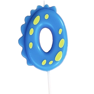 Blue dinosaur number 0 birthday candle for kids party decoration with yellow spots