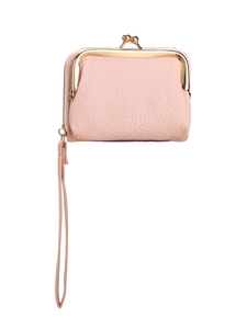 Pink lychee texture leather coin purse with golden clasp and detachable wristlet strap
