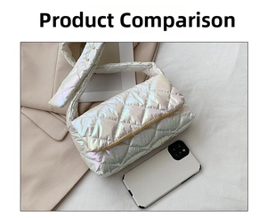 Close-up of holographic quilted crossbody bag with smartphone for size comparison