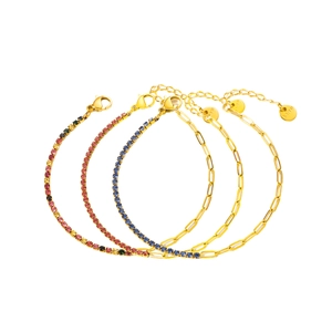 Three elegant gold-plated titanium steel bracelets with colorful cubic zirconia accents