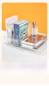 Close-up of high-transparency plastic organizer bins for office and desk storage