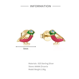 Detail of S925 silver bird earrings with green enamel and blue zirconia inlay