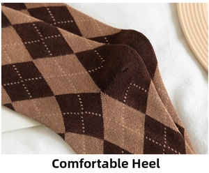 Detailed macro view of the knitted argyle pattern and heel texture on cotton crew socks