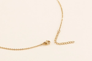 Close-up of golden stainless steel necklace lobster clasp and adjustable extension chain