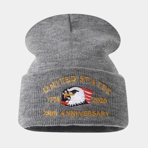 Gray US 250th Anniversary knit beanie featuring bald eagle and 1776 embroidery