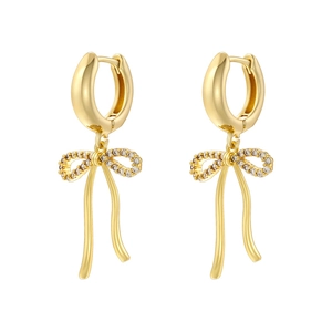 Detail of gold bow earrings featuring sparkling micro-pave cubic zirconia accents