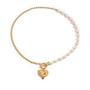 18K gold plated heart pendant necklace with natural freshwater pearls and T-bar clasp