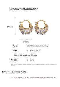 Detail view of handbag-shaped earrings with gold plating, cubic zirconia, and dimensions