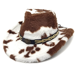 Brown and white cow print western cowboy hat with metal bull head emblem accessory