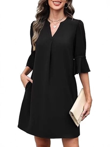 Elegant black V-neck A-line dress with stylish 3/4 flare sleeves and side pockets