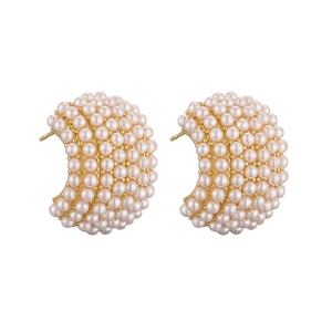 Elegant C-shaped gold earrings with micro-inlaid white pearls for a sophisticated look