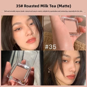Matte milk tea blush powder in clear acrylic case with skin tone swatches and face effect
