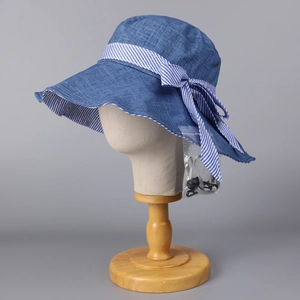 Women's blue wide brim sun hat with striped bow and adjustable windproof strap