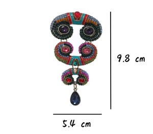 Detailed view of bohemian horn pendant brooch with multi-color rhinestones and dimensions
