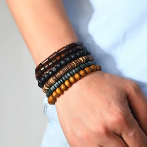 Men's bohemian multilayer beaded bracelet set featuring natural wood and coconut beads