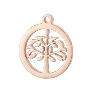 Polished rose gold stainless steel tree of life circular hollow pendant on white background