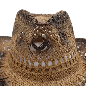 Brown woven straw cowboy hat with breathable hollow-out design for summer beach vacations