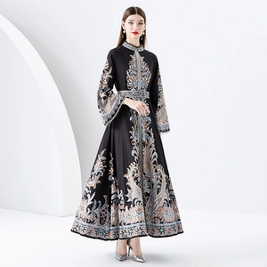 Abito Maxi In Chiffon Con Stampa Paisley Vintage Collo Alto Manica A Campana Con Cintura Stile Palazzo Elegante Bohémien