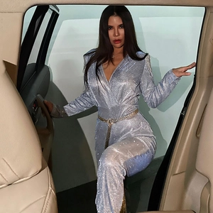 Women Jumpsuit Sequin Glitter Fabric Deep V Neck Long Sleeve High Waist Shoulder Tassels Chain Belt Party Sexy Slim Fit